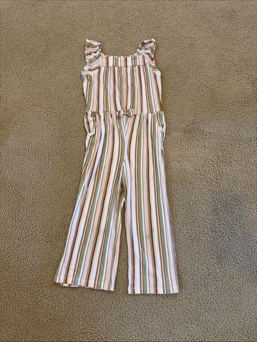 Striped Ruffle Shoulder Jumpsuit in Pink & Green